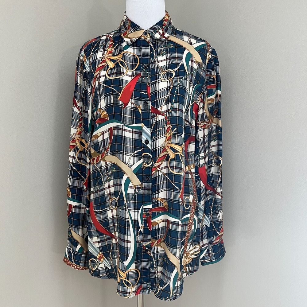 J McLaughlin Blouse Top Womens Small Equestrian Silk Scarf Multicolor Button Up